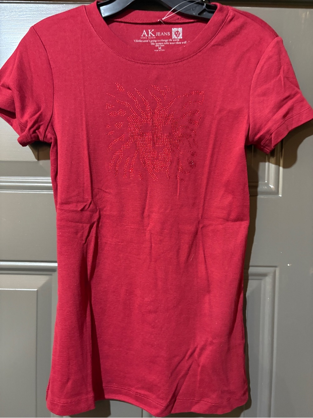 AK Jeans Red Rhinestone Lion Graphic Tee